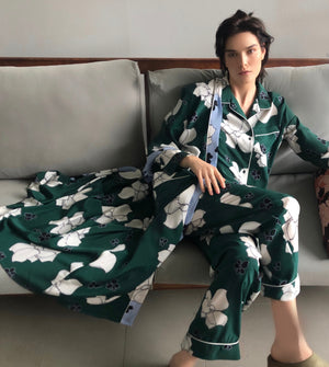 Les Fleurs Emerald Long Silk Robe